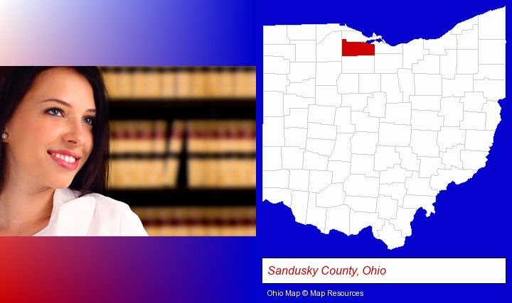 a young, female attorney in a law library; Sandusky County, Ohio highlighted in red on a map