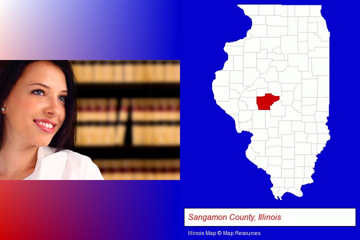 a young, female attorney in a law library; Sangamon County, Illinois highlighted in red on a map