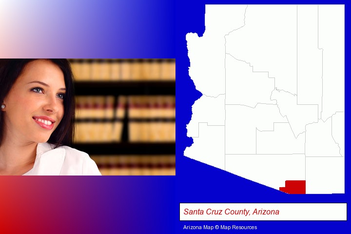 a young, female attorney in a law library; Santa Cruz County, Arizona highlighted in red on a map