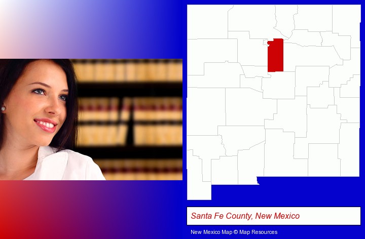 a young, female attorney in a law library; Santa Fe County, New Mexico highlighted in red on a map