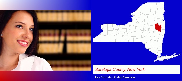 a young, female attorney in a law library; Saratoga County, New York highlighted in red on a map