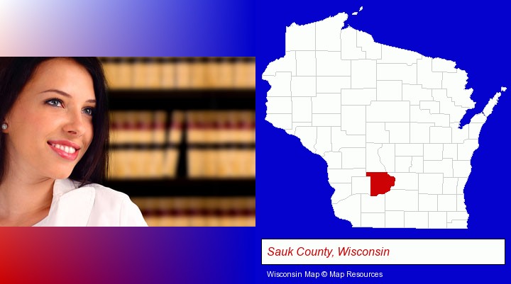 a young, female attorney in a law library; Sauk County, Wisconsin highlighted in red on a map