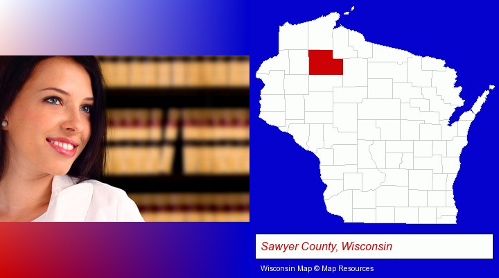 a young, female attorney in a law library; Sawyer County, Wisconsin highlighted in red on a map