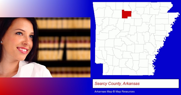 a young, female attorney in a law library; Searcy County, Arkansas highlighted in red on a map