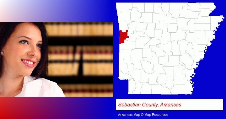 a young, female attorney in a law library; Sebastian County, Arkansas highlighted in red on a map