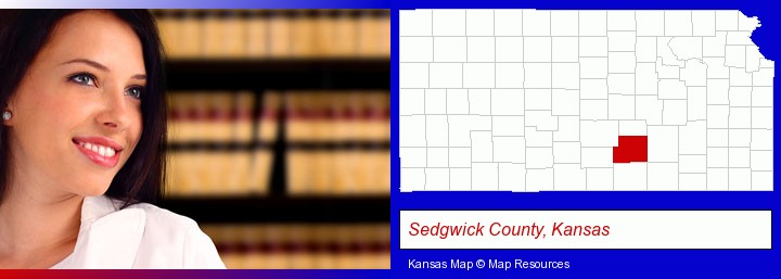 a young, female attorney in a law library; Sedgwick County, Kansas highlighted in red on a map