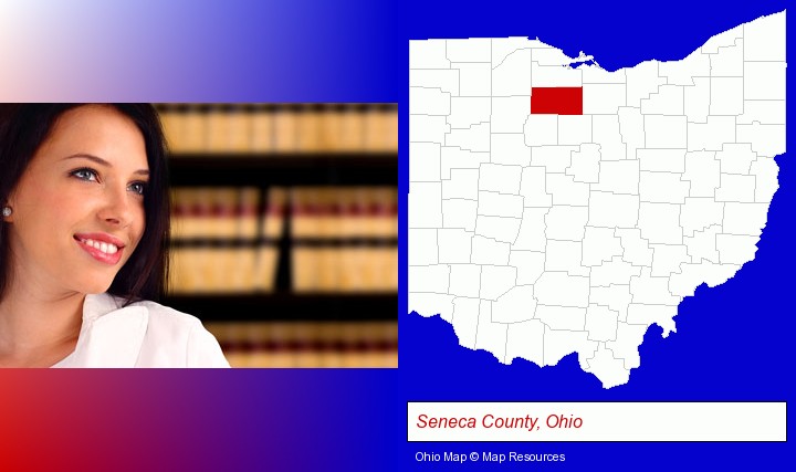 a young, female attorney in a law library; Seneca County, Ohio highlighted in red on a map