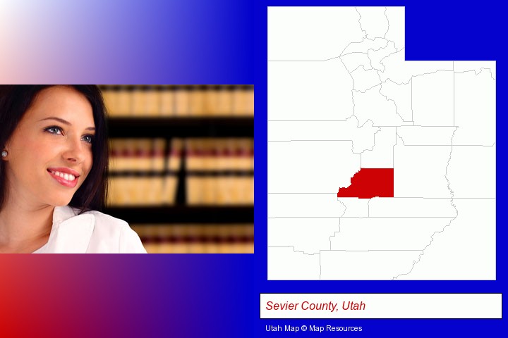 a young, female attorney in a law library; Sevier County, Utah highlighted in red on a map