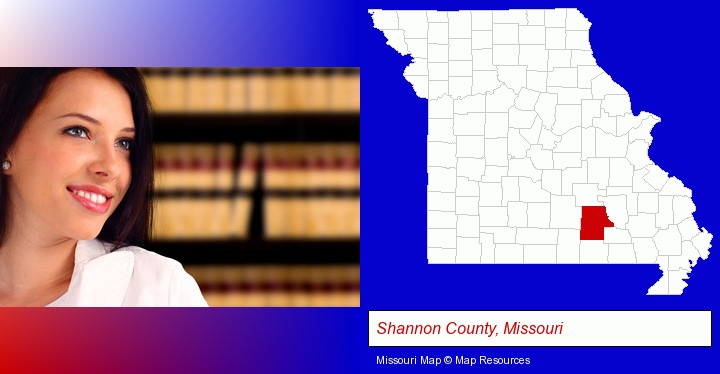 a young, female attorney in a law library; Shannon County, Missouri highlighted in red on a map
