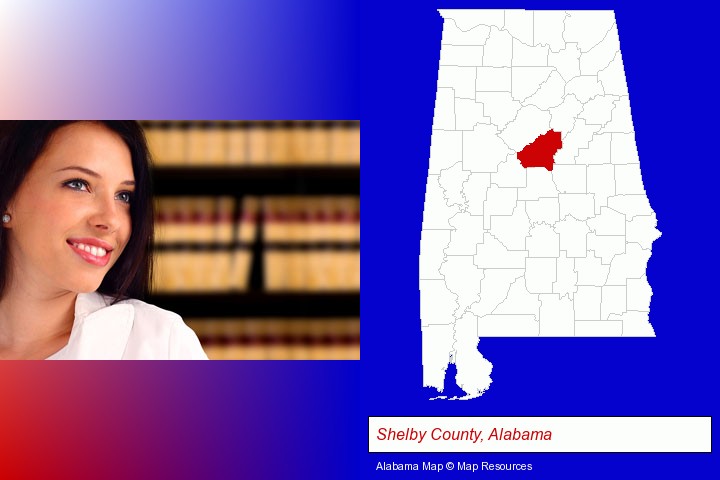 a young, female attorney in a law library; Shelby County, Alabama highlighted in red on a map