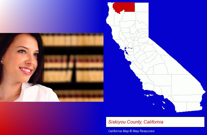 a young, female attorney in a law library; Siskiyou County, California highlighted in red on a map