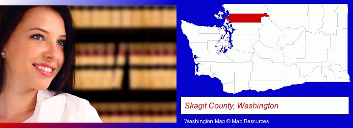 a young, female attorney in a law library; Skagit County, Washington highlighted in red on a map