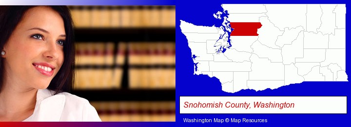a young, female attorney in a law library; Snohomish County, Washington highlighted in red on a map