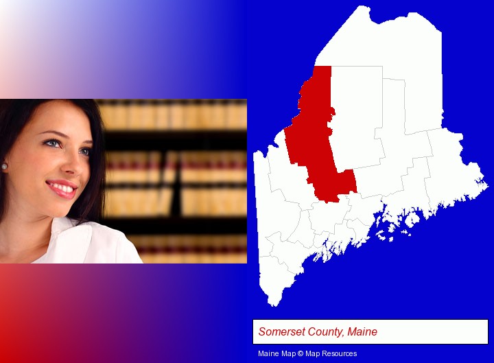 a young, female attorney in a law library; Somerset County, Maine highlighted in red on a map