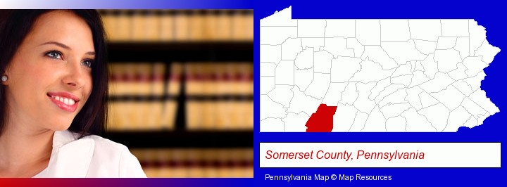 a young, female attorney in a law library; Somerset County, Pennsylvania highlighted in red on a map