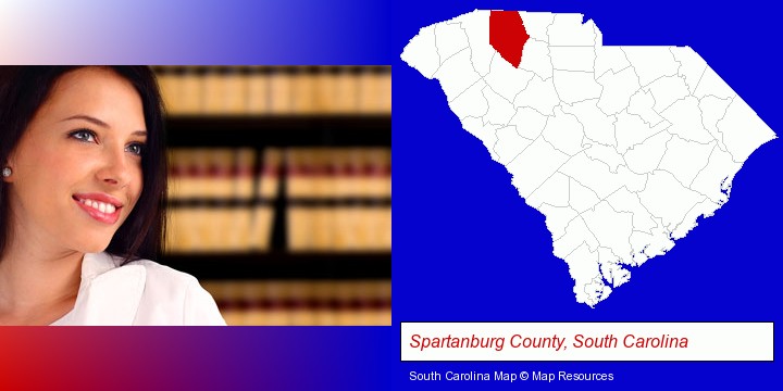 a young, female attorney in a law library; Spartanburg County, South Carolina highlighted in red on a map