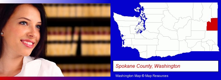 a young, female attorney in a law library; Spokane County, Washington highlighted in red on a map