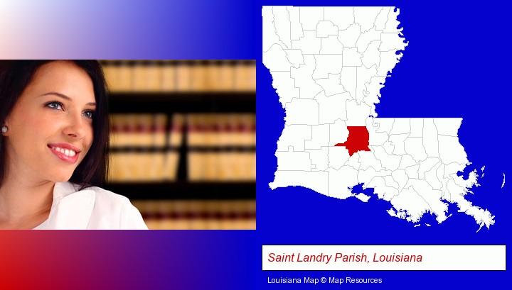 a young, female attorney in a law library; Saint Landry Parish, Louisiana highlighted in red on a map