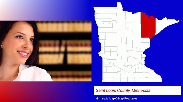 a young, female attorney in a law library; Saint Louis County, Minnesota highlighted in red on a map