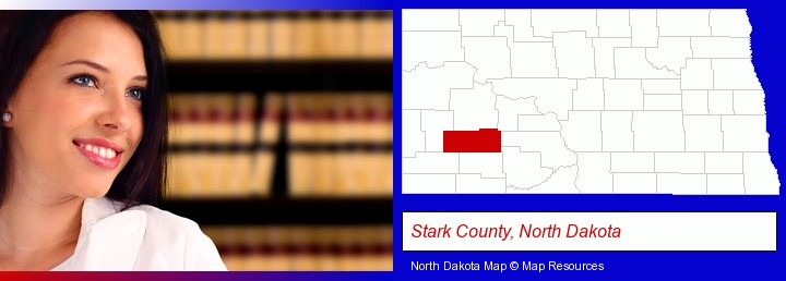 a young, female attorney in a law library; Stark County, North Dakota highlighted in red on a map