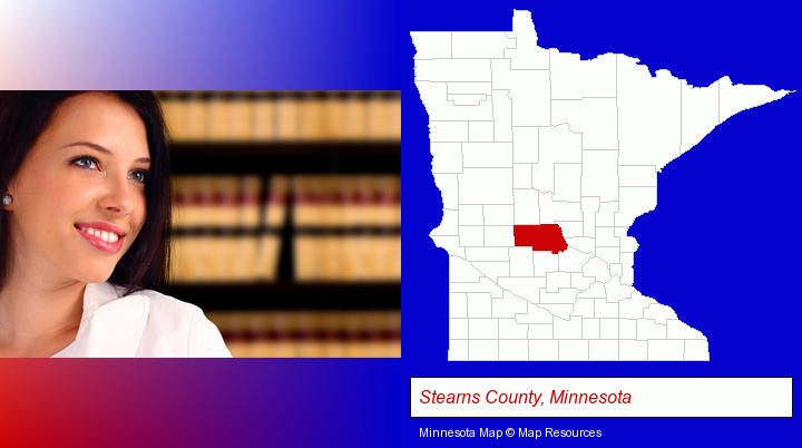 a young, female attorney in a law library; Stearns County, Minnesota highlighted in red on a map