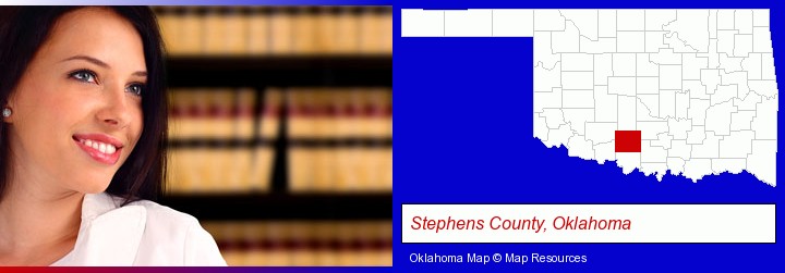 a young, female attorney in a law library; Stephens County, Oklahoma highlighted in red on a map