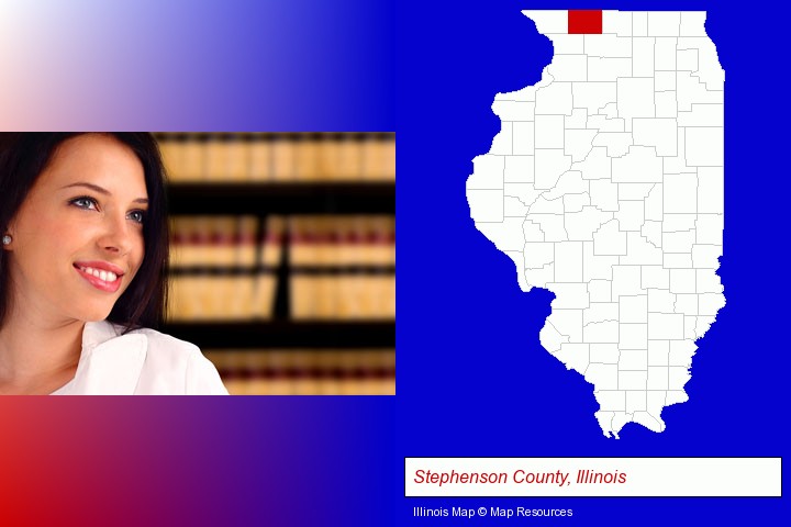 a young, female attorney in a law library; Stephenson County, Illinois highlighted in red on a map