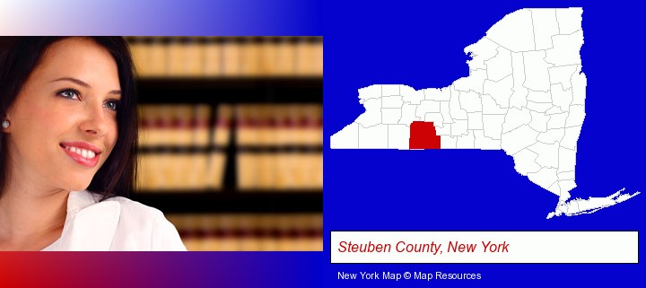 a young, female attorney in a law library; Steuben County, New York highlighted in red on a map