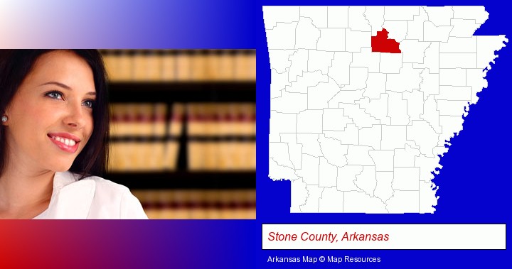 a young, female attorney in a law library; Stone County, Arkansas highlighted in red on a map