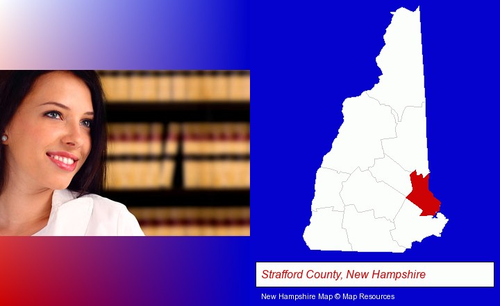 a young, female attorney in a law library; Strafford County, New Hampshire highlighted in red on a map