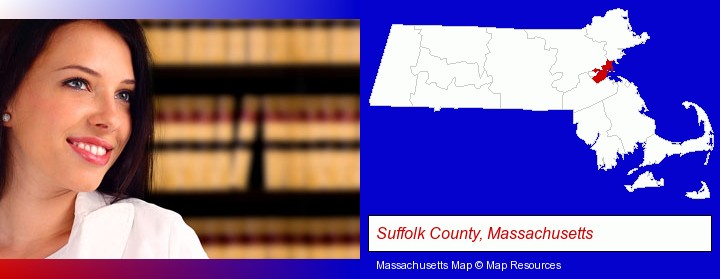 a young, female attorney in a law library; Suffolk County, Massachusetts highlighted in red on a map