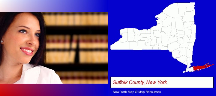 a young, female attorney in a law library; Suffolk County, New York highlighted in red on a map