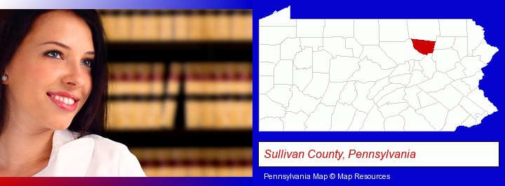 a young, female attorney in a law library; Sullivan County, Pennsylvania highlighted in red on a map