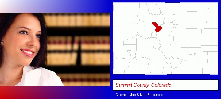 a young, female attorney in a law library; Summit County, Colorado highlighted in red on a map