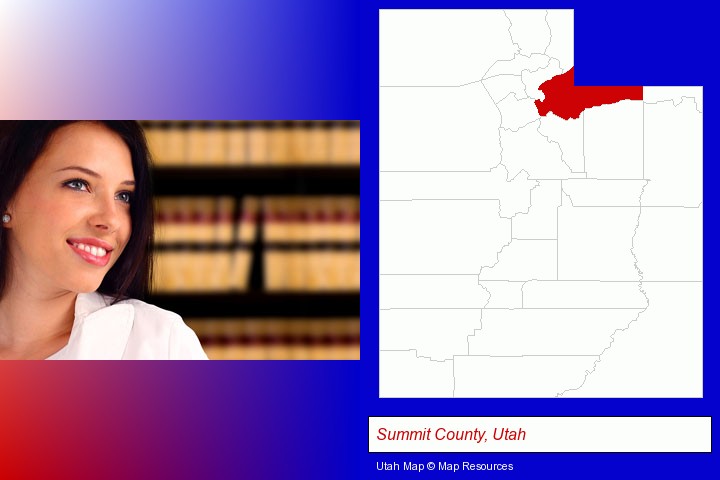 a young, female attorney in a law library; Summit County, Utah highlighted in red on a map
