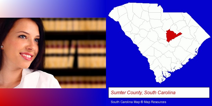 a young, female attorney in a law library; Sumter County, South Carolina highlighted in red on a map