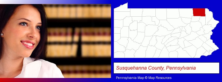 a young, female attorney in a law library; Susquehanna County, Pennsylvania highlighted in red on a map
