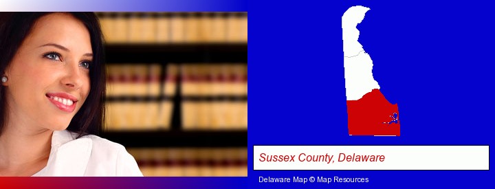 a young, female attorney in a law library; Sussex County, Delaware highlighted in red on a map