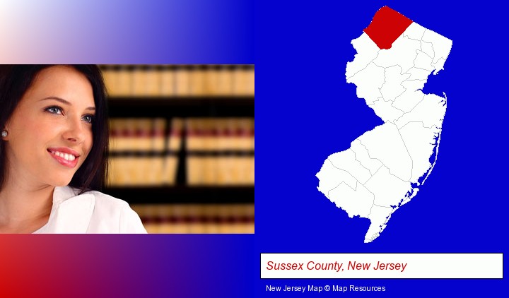 a young, female attorney in a law library; Sussex County, New Jersey highlighted in red on a map