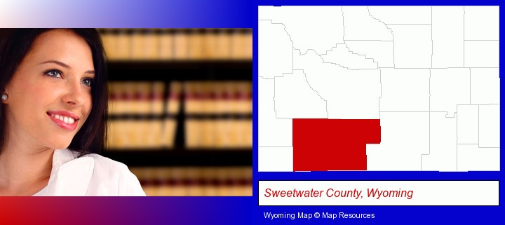 a young, female attorney in a law library; Sweetwater County, Wyoming highlighted in red on a map