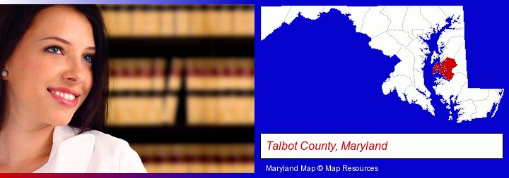 a young, female attorney in a law library; Talbot County, Maryland highlighted in red on a map