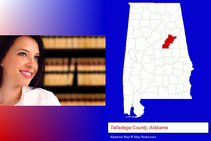 a young, female attorney in a law library; Talladega County, Alabama highlighted in red on a map