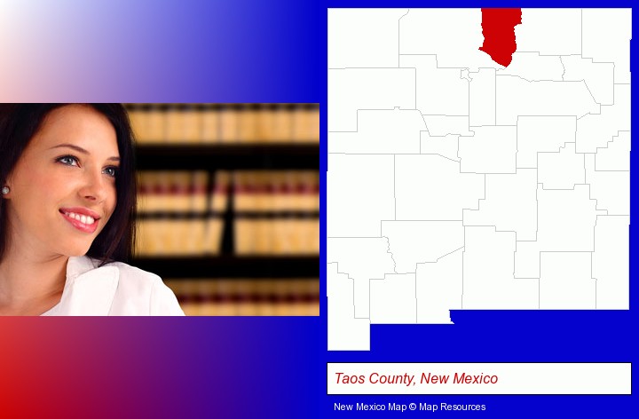 a young, female attorney in a law library; Taos County, New Mexico highlighted in red on a map