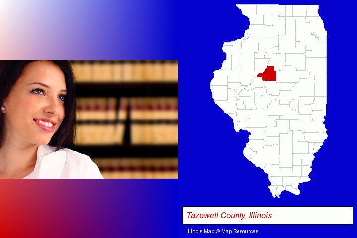 a young, female attorney in a law library; Tazewell County, Illinois highlighted in red on a map