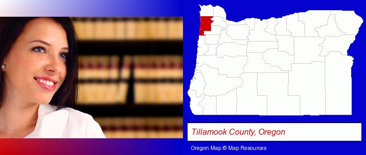 a young, female attorney in a law library; Tillamook County, Oregon highlighted in red on a map
