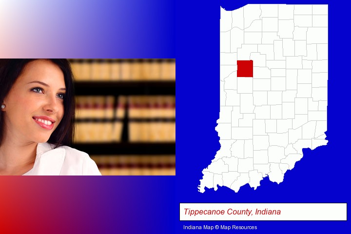 a young, female attorney in a law library; Tippecanoe County, Indiana highlighted in red on a map