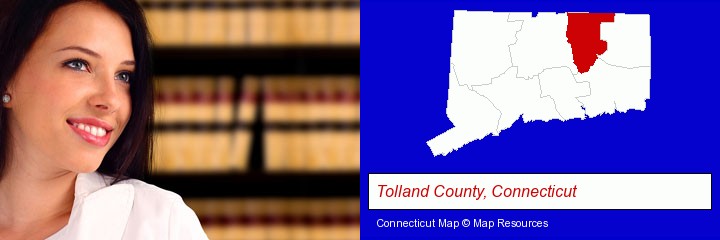 a young, female attorney in a law library; Tolland County, Connecticut highlighted in red on a map