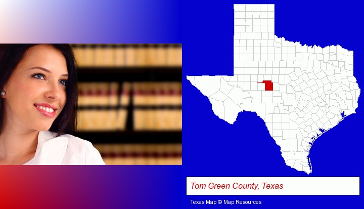 a young, female attorney in a law library; Tom Green County, Texas highlighted in red on a map