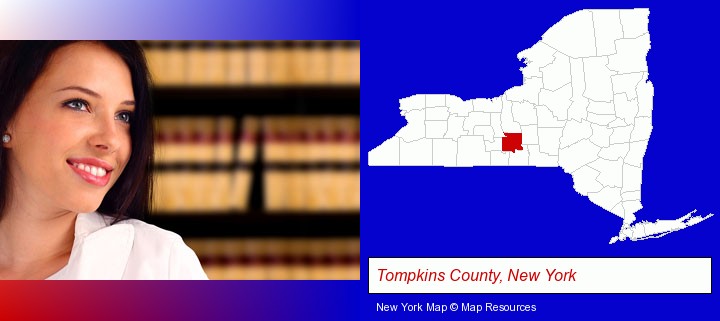 a young, female attorney in a law library; Tompkins County, New York highlighted in red on a map