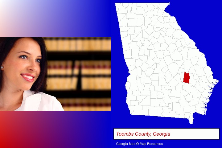 a young, female attorney in a law library; Toombs County, Georgia highlighted in red on a map